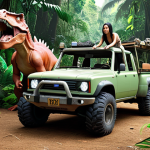 **Image:** The Go Go Dino team (Rex, Vicki, Tomo, Ping) transforming into their vehicle forms, ready for an adventure in a lush jungle setting. Focus on dynamic poses and teamwork.