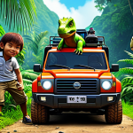 GoGo Dino Team Adventure**

"A group of GoGo Dino characters (Rex, Tomo, Vicky, Ping, Locky) fully clothed in their vehicle forms, exploring a lush jungle environment, appropriate content, safe for work, family-friendly, vibrant colors, perfect anatomy, natural proportions, high-quality illustration."

**