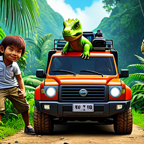 GoGo Dino Team Adventure**

"A group of GoGo Dino characters (Rex, Tomo, Vicky, Ping, Locky) fully clothed in their vehicle forms, exploring a lush jungle environment, appropriate content, safe for work, family-friendly, vibrant colors, perfect anatomy, natural proportions, high-quality illustration."

**