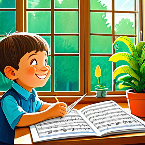 Musical Inspiration**

"A vibrant scene depicting a composer surrounded by elements of inspiration: sheet music with whimsical melodies, a child's drawing of GoGoDino characters, a sunny window overlooking a lush garden. The composer, fully clothed in casual attire, smiles warmly. Safe for work, appropriate content, family-friendly, professional illustration, perfect anatomy, natural proportions, high quality, well-formed hands."

**