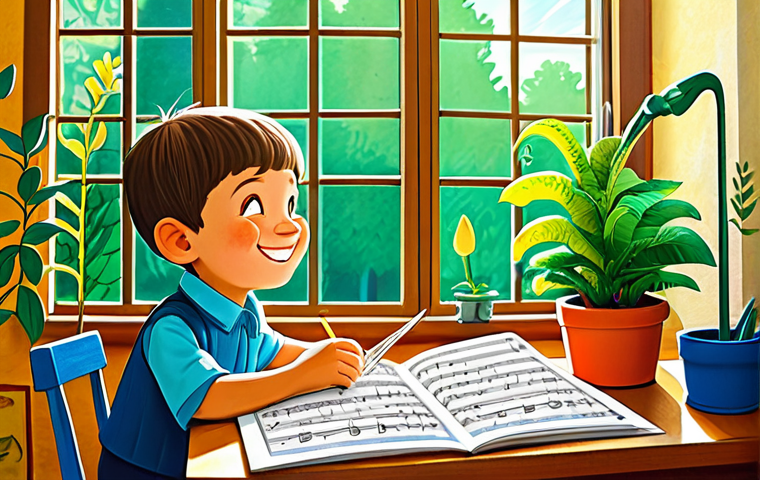 Musical Inspiration**
"A vibrant scene depicting a composer surrounded by elements of inspiration: sheet music with whimsical melodies, a child's drawing of GoGoDino characters, a sunny window overlooking a lush garden. The composer, fully clothed in casual attire, smiles warmly. Safe for work, appropriate content, family-friendly, professional illustration, perfect anatomy, natural proportions, high quality, well-formed hands."
**