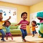 고고다이노 테마곡 작곡과 제작 과정 - **Prompt:** A vibrant, cheerful living room scene filled with diverse children, aged 4-9, actively d...