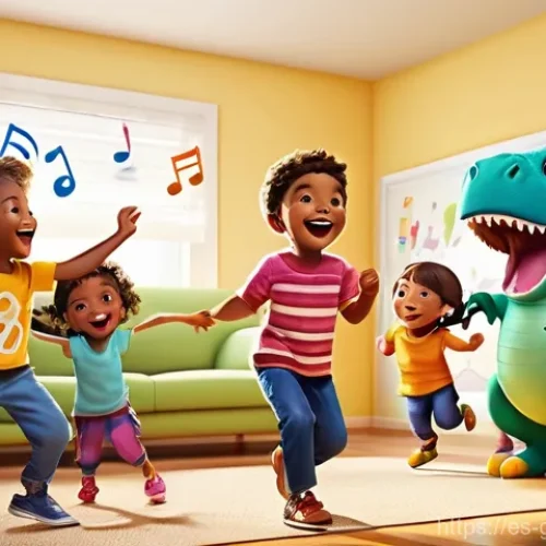 고고다이노 테마곡 작곡과 제작 과정 - **Prompt:** A vibrant, cheerful living room scene filled with diverse children, aged 4-9, actively d...