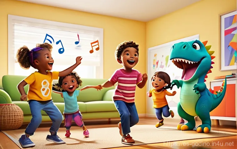 고고다이노 테마곡 작곡과 제작 과정 - **Prompt:** A vibrant, cheerful living room scene filled with diverse children, aged 4-9, actively d...