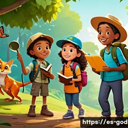 고고다이노의 교육적 메시지 - A colorful animated scene featuring a group of diverse, friendly cartoon children wearing casual clo...