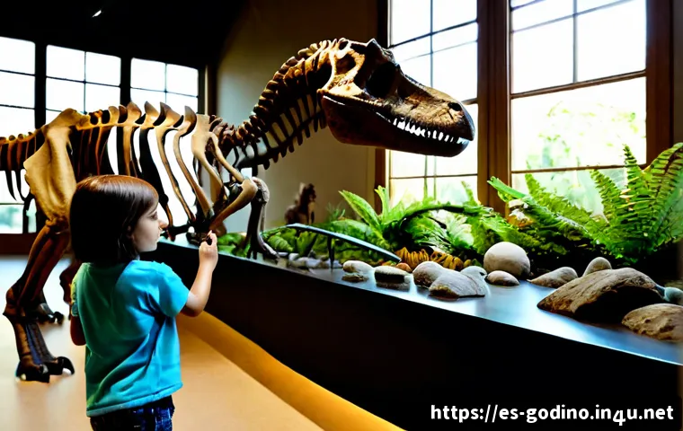 고고다이노와 공룡 생태에 대한 지식 - Photorealistic educational scene in a bright natural history museum in Spain, a curious child examin...